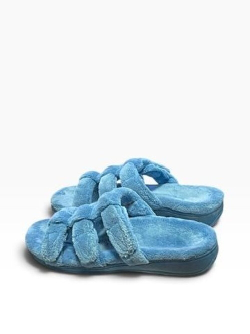 Vionic Fuzzy Blue Slippers With Triple Straps Size 10 Soft Plush Material Non-